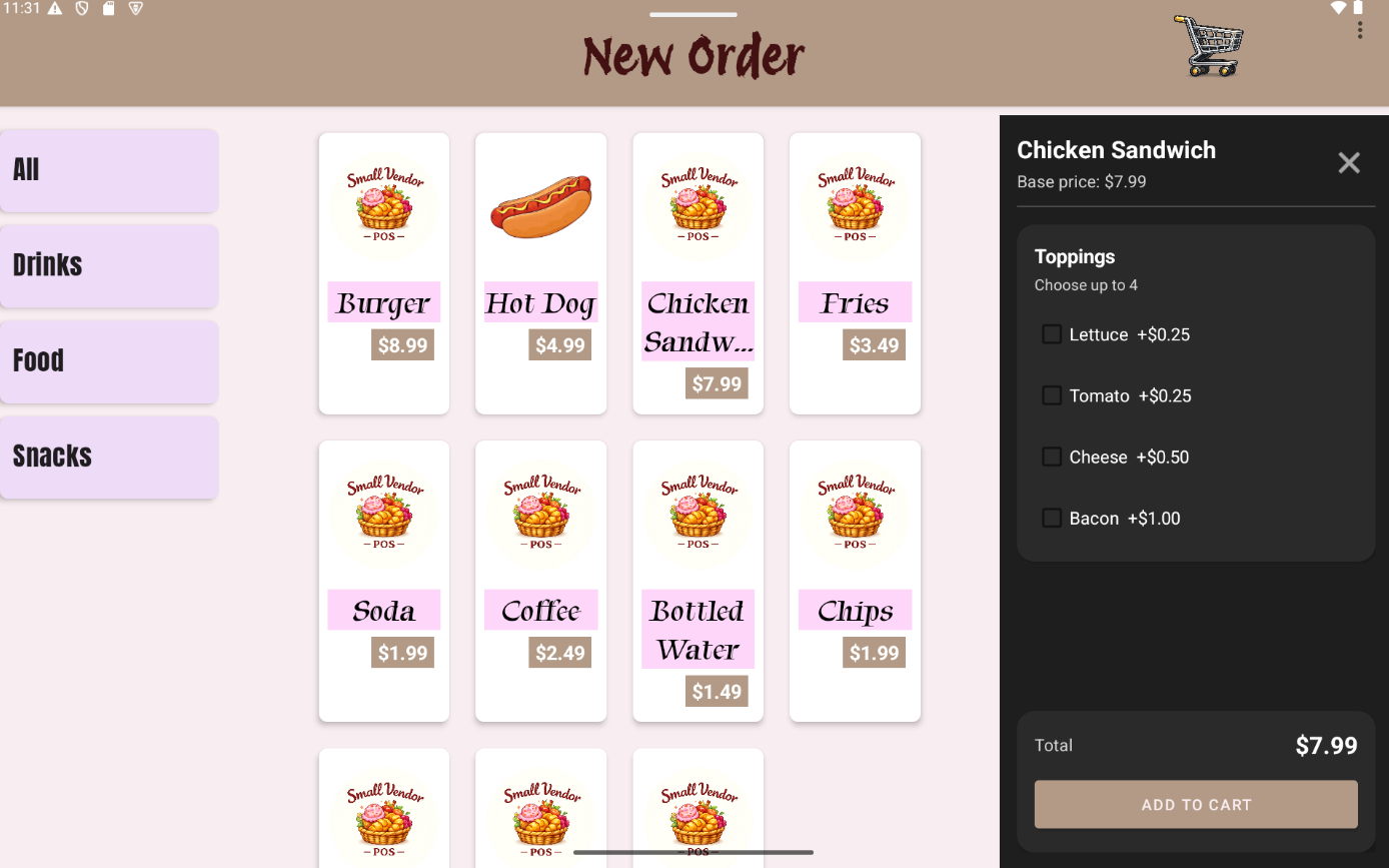 Add items screen in Small Vendor POS