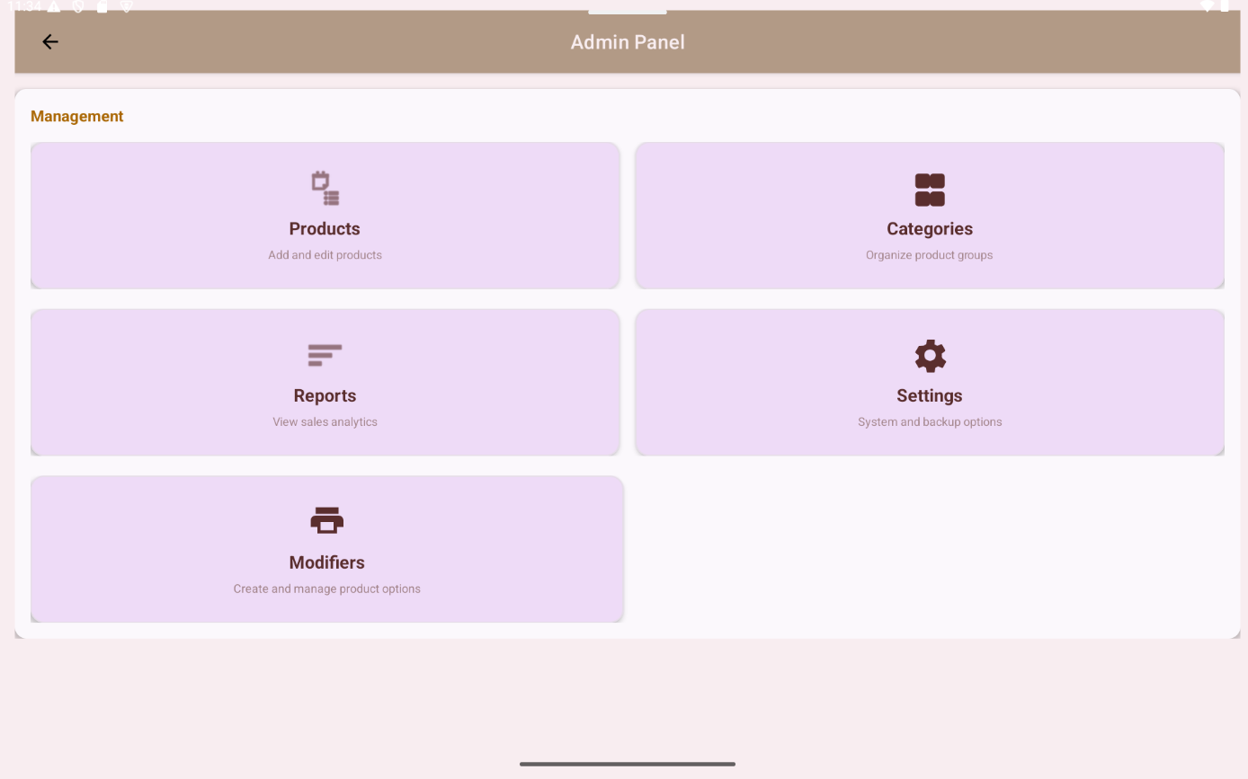 Admin dashboard in Small Vendor POS