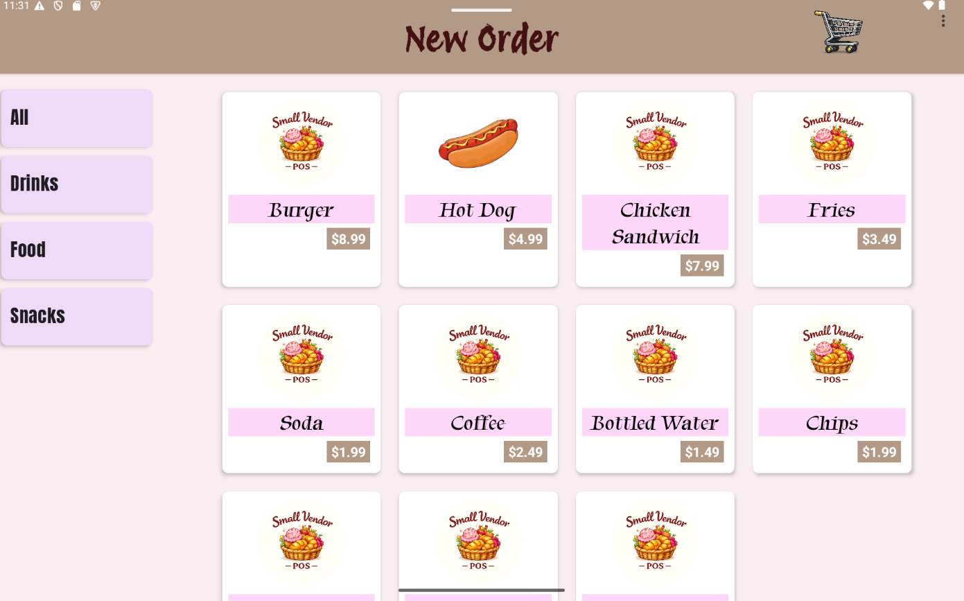 Small Vendor POS main product grid
