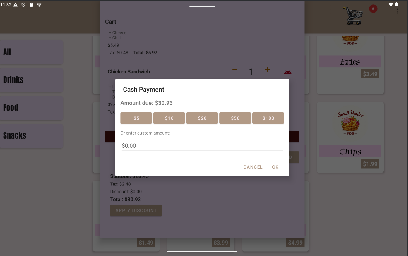 Cash payment input screen in Small Vendor POS